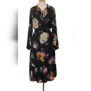 Gibson Latimer Sheer Floral Wrap Ruffled Cold Shoulder Midi Dress